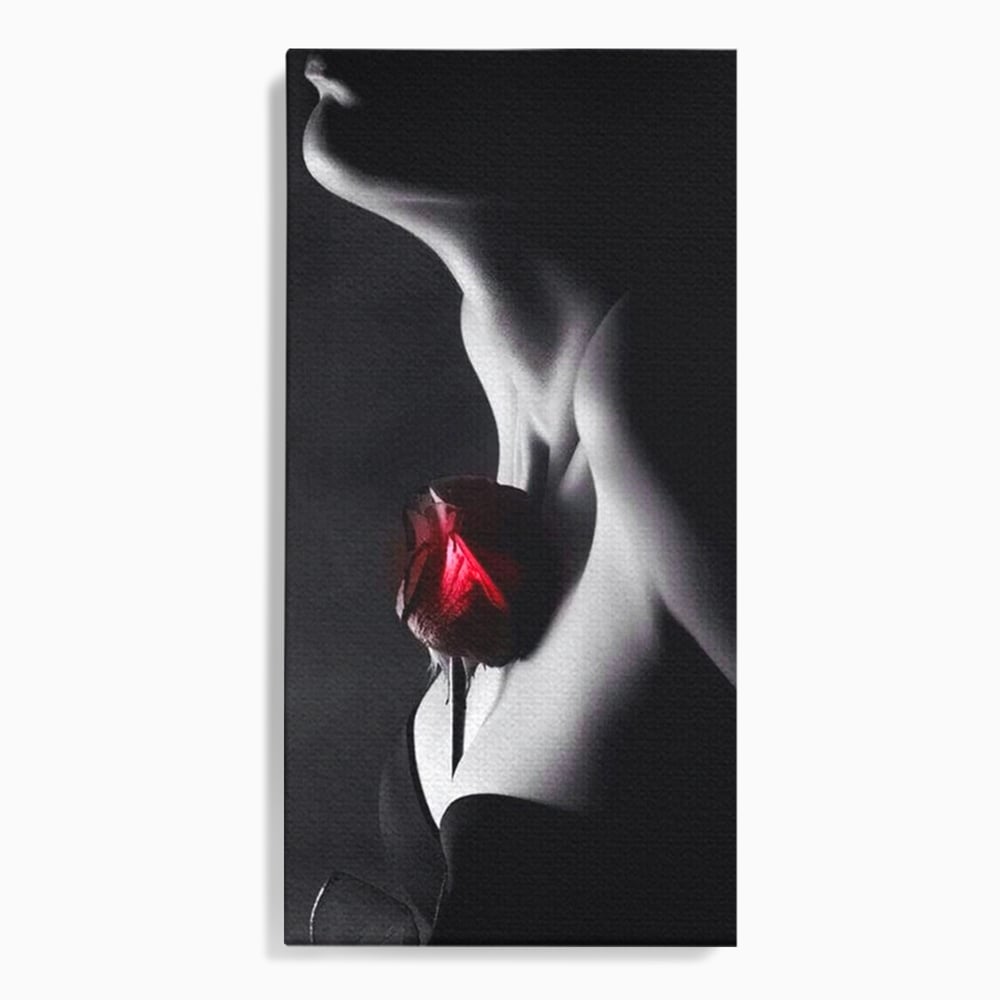 Tablou canvas cu tablou canvas cu profil de femeie si trandafir rosu, fara rama, pe sasiu de lemn